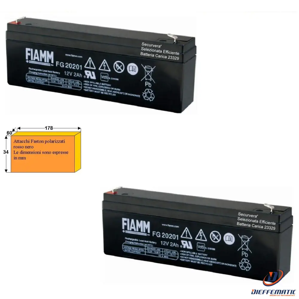 2 Batterie Ricaricabili Fiamm 12V 2Ah Securvera Sf-120Drfscsc
