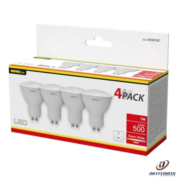 4 Spot Led 7W - Gu10 - 500 Lm - 3000K - Angolo 100° - Quadripack Box 4D5010C