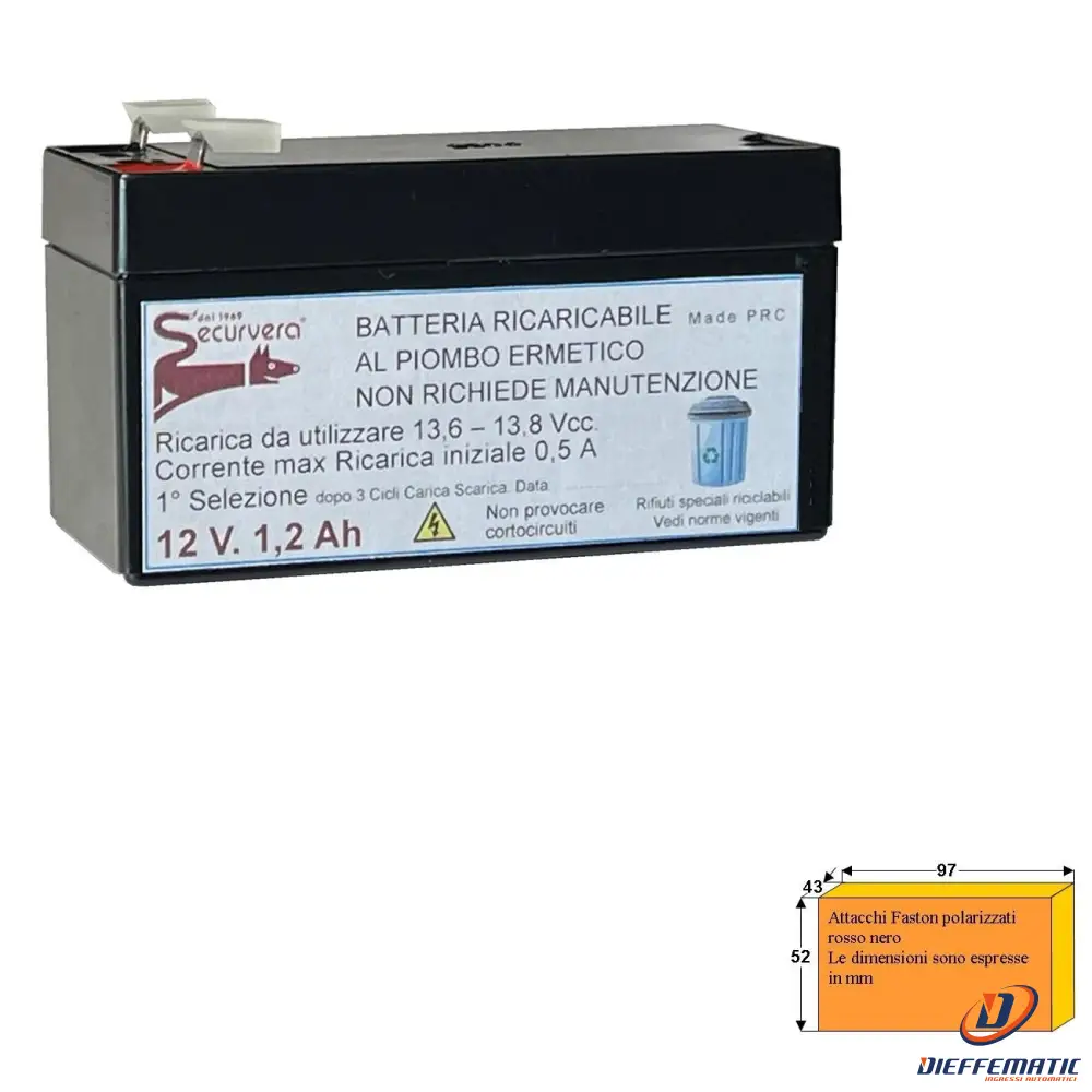Batteria Riaricabile Secur 12V 2,0Ah Pb Vrla Securvera Sv-112Brfscsb