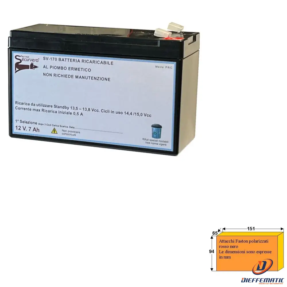 Batteria Riaricabile Secur 12V 7,0Ah Pb Vrla Securvera Sv-170Brfscse
