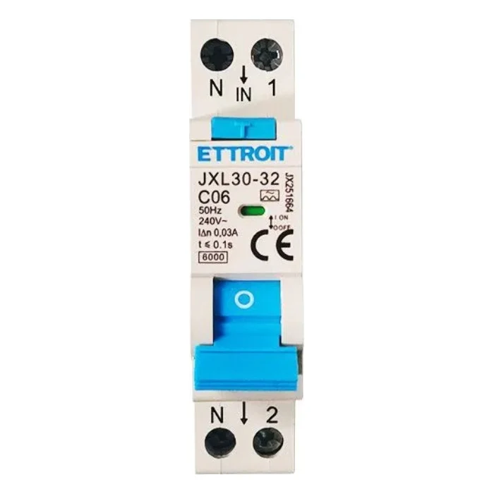 Ettroit Jx250664 Magnetotermico Differenziale 1P+N 6A 30Ma 220V-6Ka Classe A