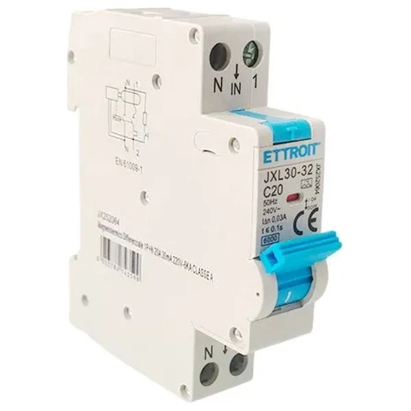 Ettroit Jx252064 Magnetotermico Differenziale 1P+N 20A 30Ma 220V-6Ka Classe A