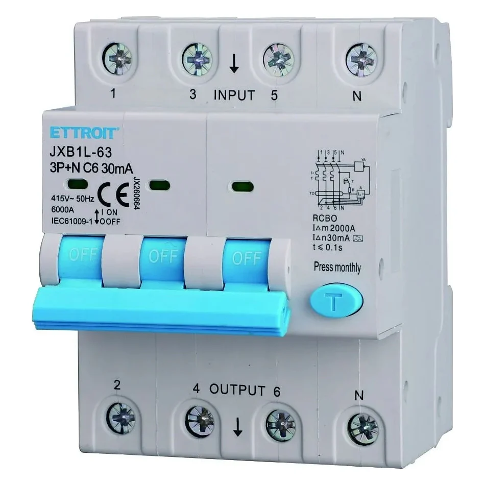 Ettroit Jx260664 Magnetotermico Differenziale 3P+N 6A 30Ma 380V-6Ka Classe A