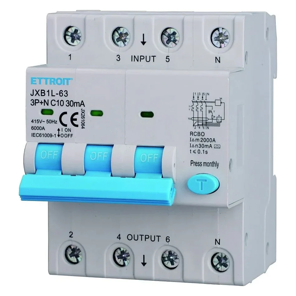 Ettroit Jx261064 Magnetotermico Differenziale 3P+N 10A 30Ma 380V-6Ka Classe A