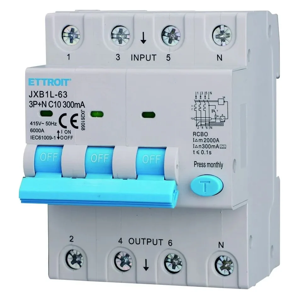 Ettroit Jx261068 Magnetotermico Differenziale 3P+N 10A 300Ma 380V-6Ka Classe A