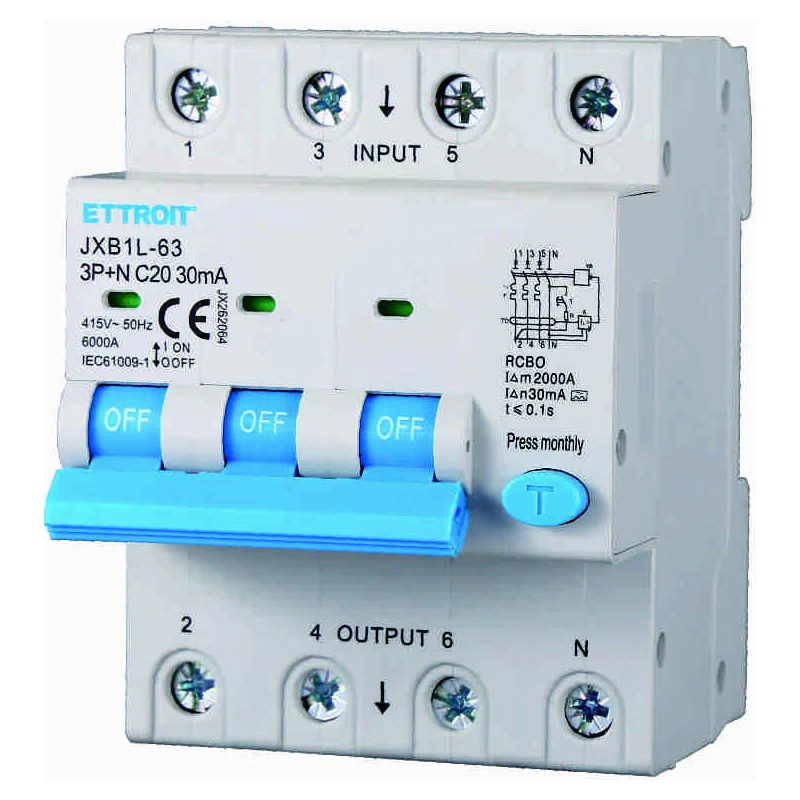 Ettroit Jx262064 Magnetotermico Differenziale 3P+N 20A 30Ma 380V-6Ka Classe A