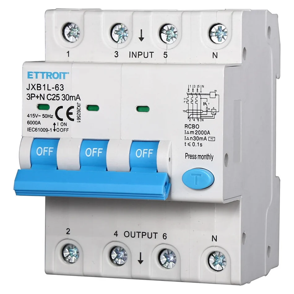 Ettroit Jx262561 Magnetotermico Differenziale 3P+N 25A 30Ma 380V-6Ka