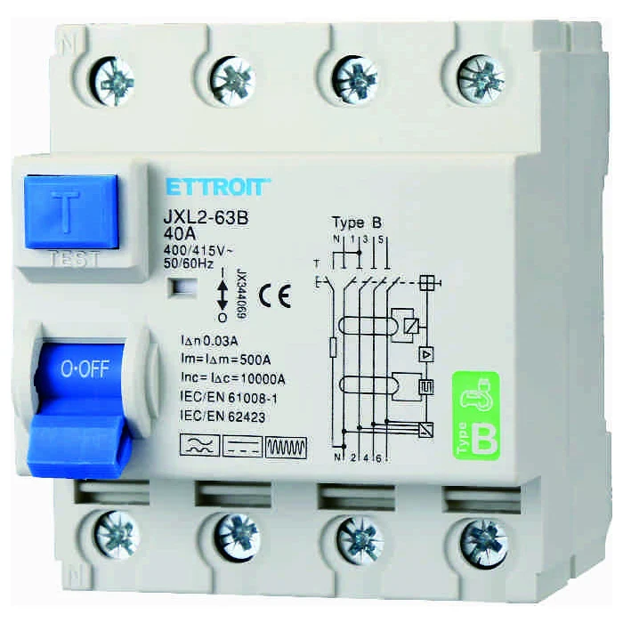 Ettroit Jx344069 Magnetotermico Differenziale Puro 4P 40A 30Ma Curva B 6Ka Ac/Dc 380V