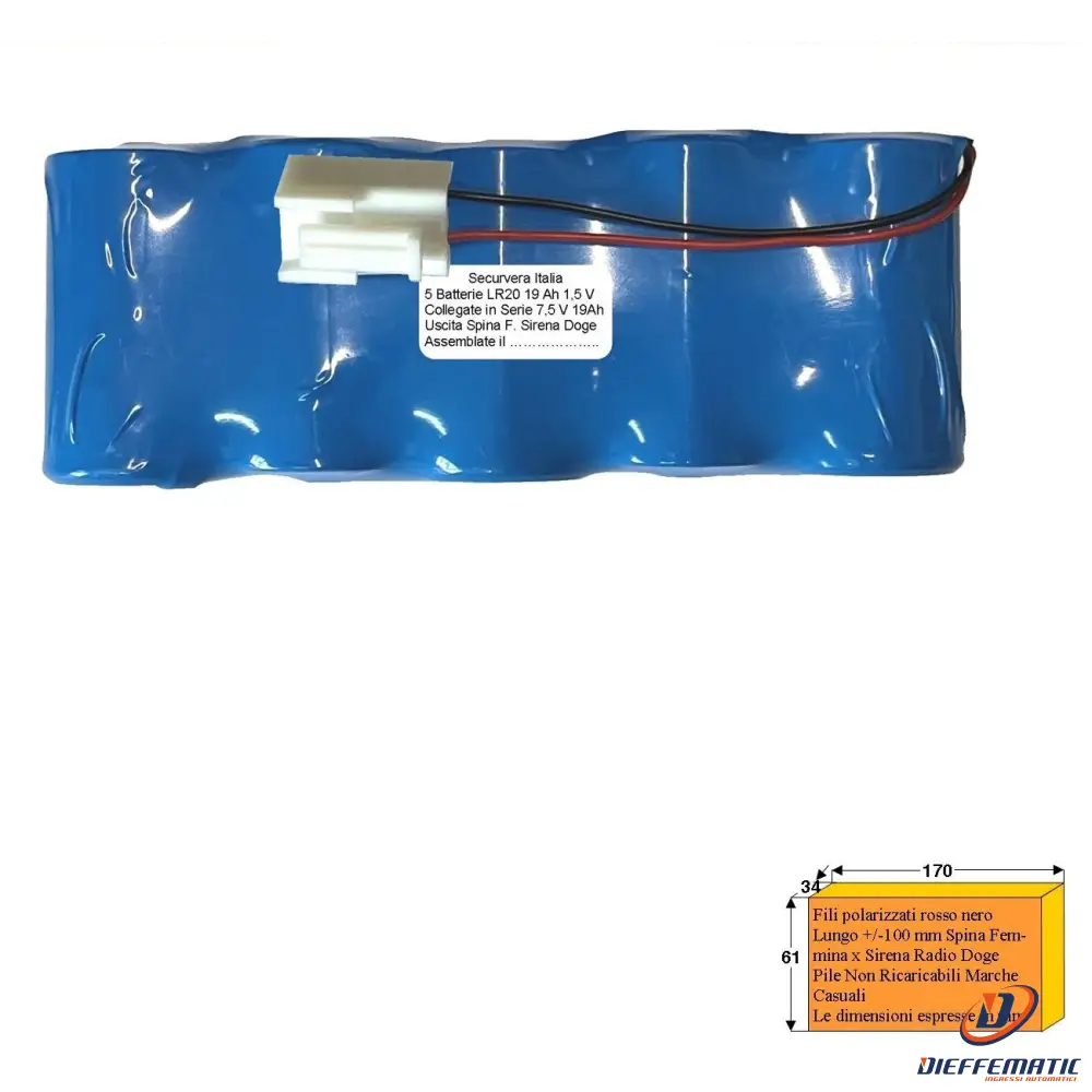 Pacco Batteria 7,5 V 19Ah 5 Pile Alcaline Per Sirene Securvera Sv-Tbabtsvcb