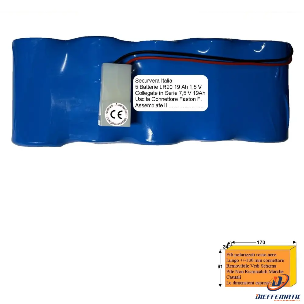 Pacco Batteria 7,5V 19Ah 5 Pile Alcaline Uscita Faston Securvera Sv-Baubtsvcvc