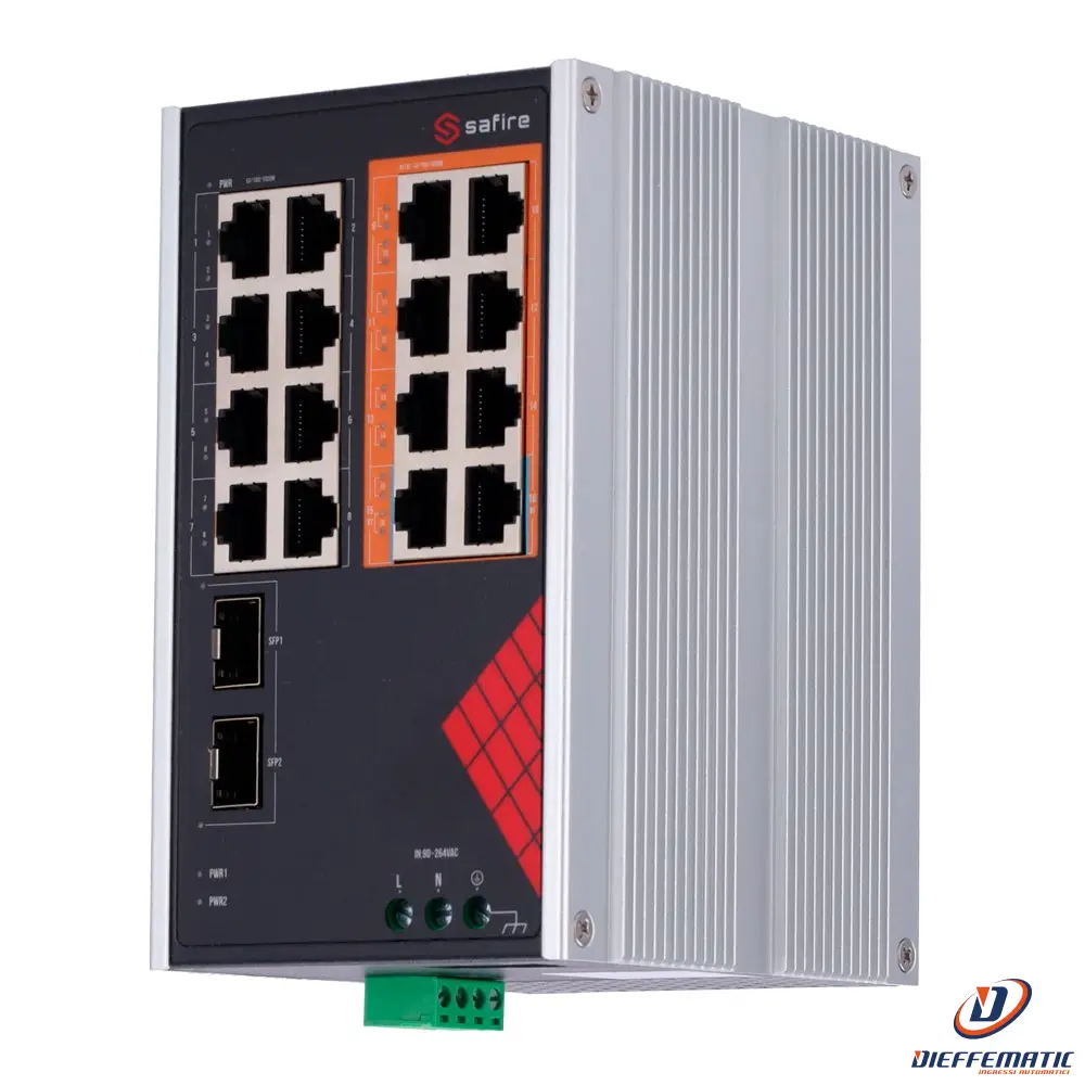 Safire SF-SWI1808HIPOE-GF-AC-130-DIN Switch Industriale Alimentazione AC e DC